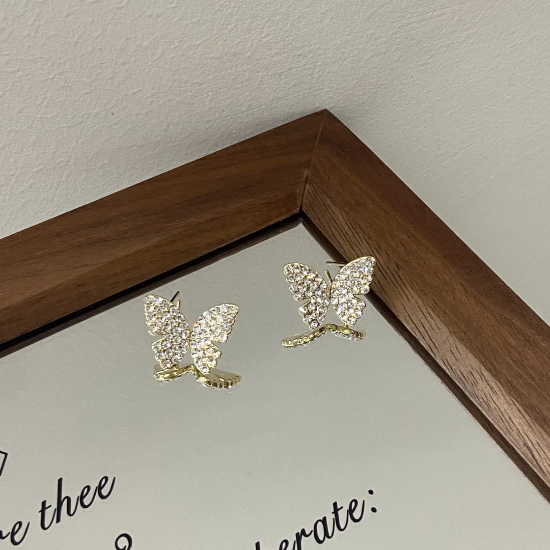 铜合金锆石耳饰 镀K金 银针 金色 细闪蝴蝶 韩系简约耳钉E4200