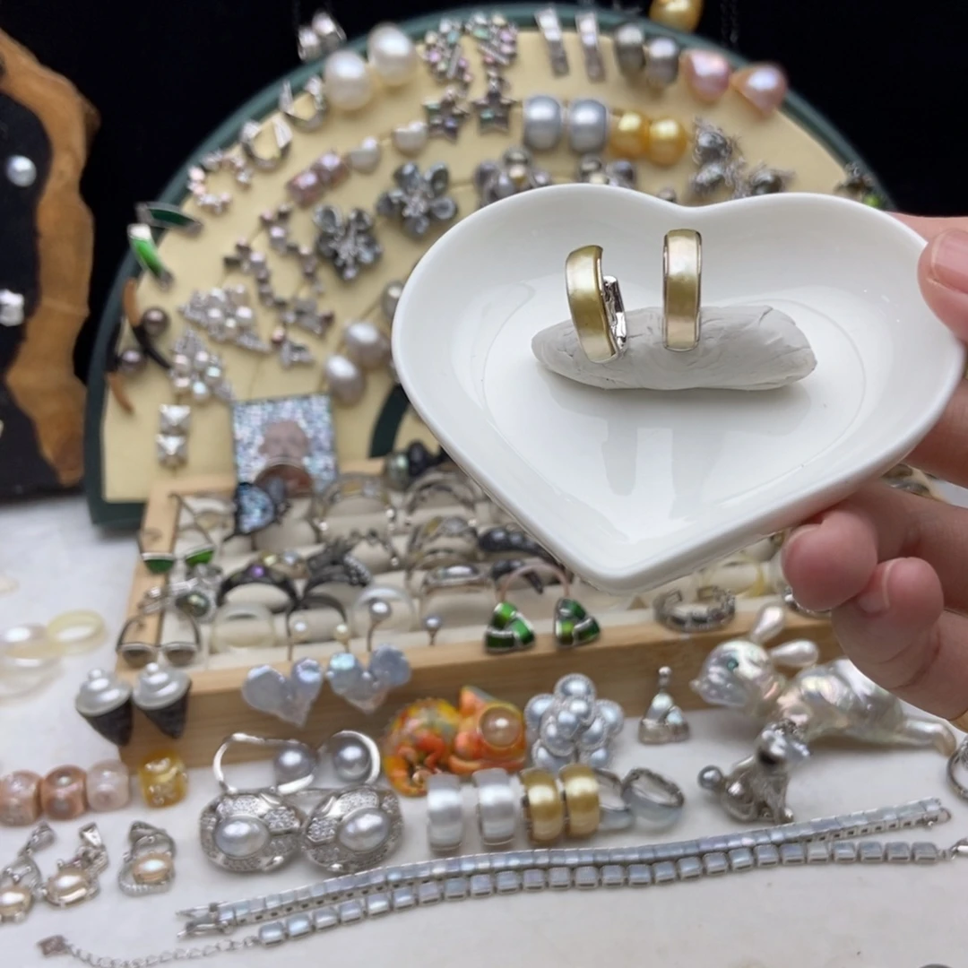 银S925镶嵌画框海水珍珠金珠耳扣