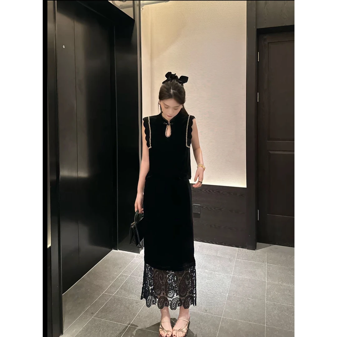 新中式气质国风黑色蕾丝无袖上衣半裙女装2025夏季新款名媛两件套