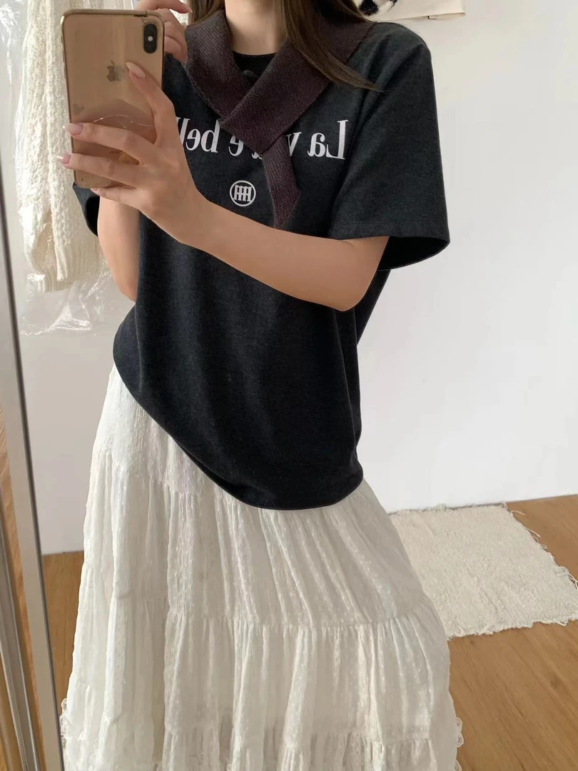 BUBBLE-229#韩系百搭圆领字母印花短袖T