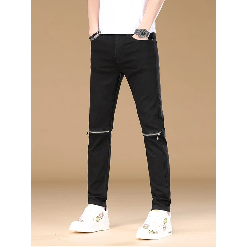 高端黑色牛仔裤男士弹力修身小脚2025春秋新款拉炼机车潮牌长裤子