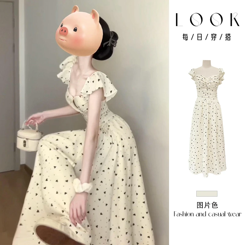 茶歇法式温柔风小飞袖波点连衣裙子洋气衣服女夏2025新款收腰长裙