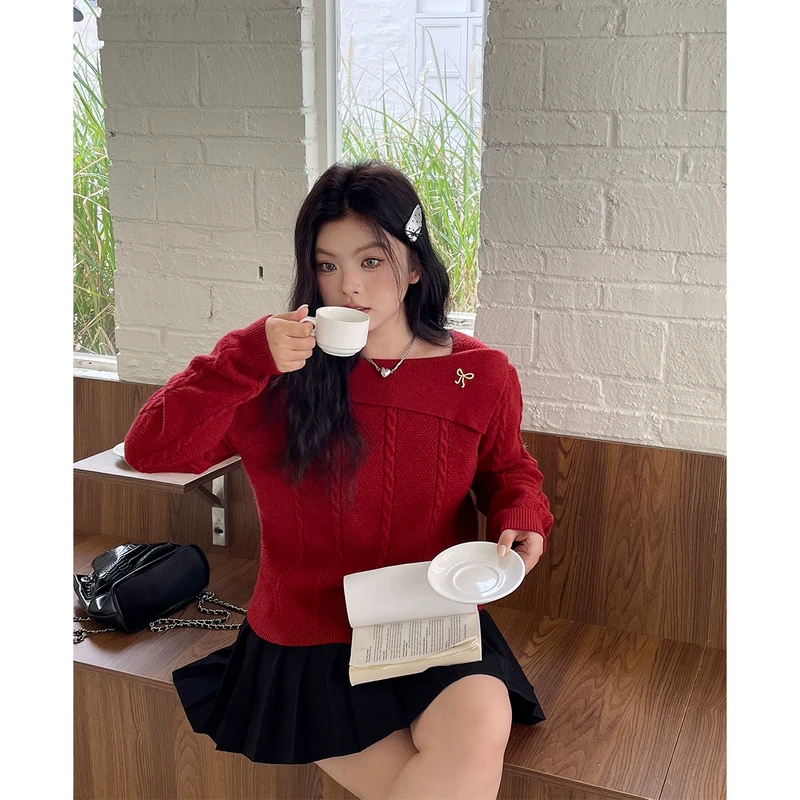 韩剧女主穿搭独特别致红色上衣女冬季大码胖mm显瘦毛衣