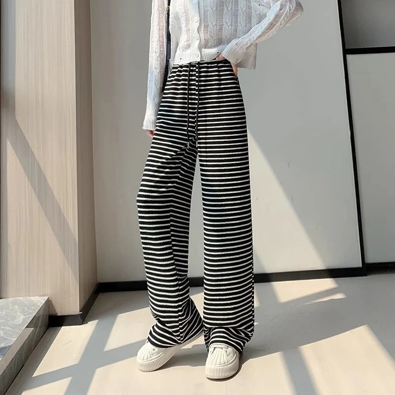 加绒阔腿裤子裤女2025新款高腰秋冬垂感休闲显瘦宽松黑白条纹百搭
