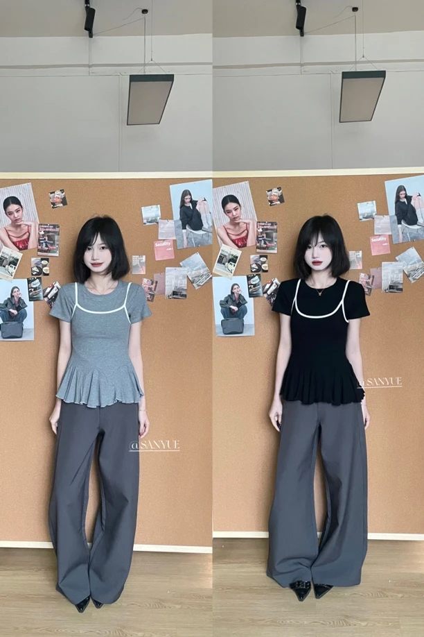 SANYUE【撞色真两件】韩系设计感弹力修身T恤+撞色荷叶边吊带