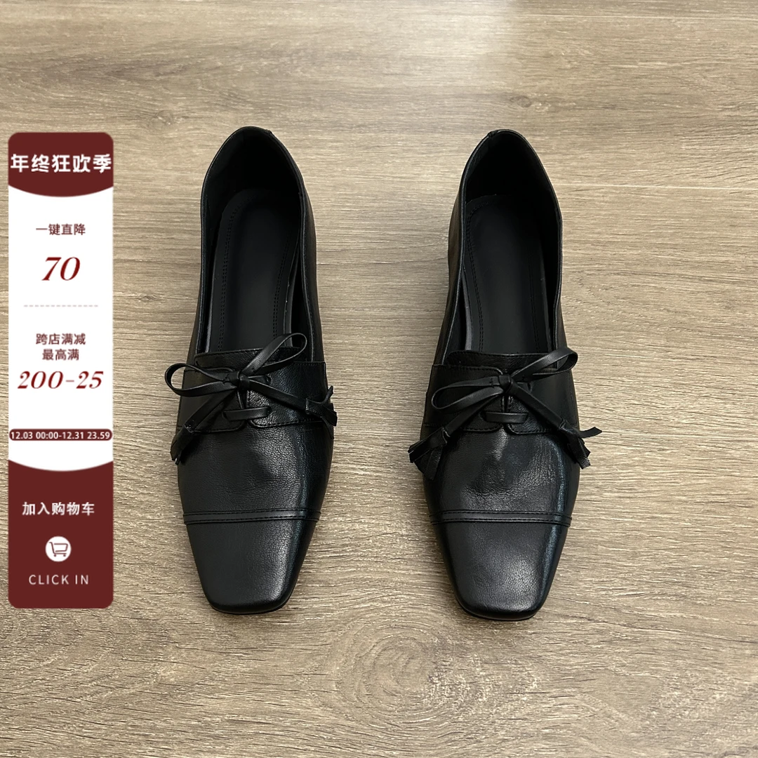 Dannyfrey春季新款小众复古方头蝴蝶结气质小牛皮一脚蹬乐福鞋