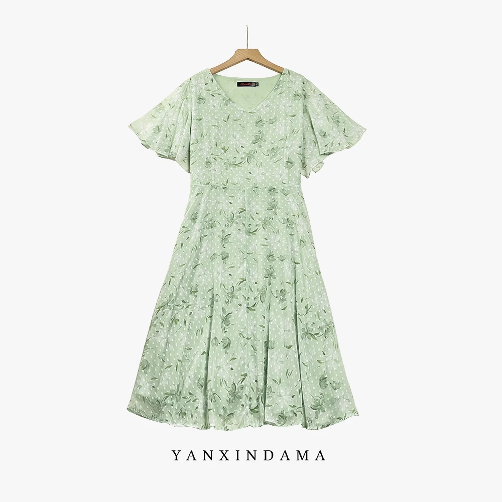 大码女装290斤胖MM时尚甜美减龄V领中长款碎花大摆连衣裙0092#