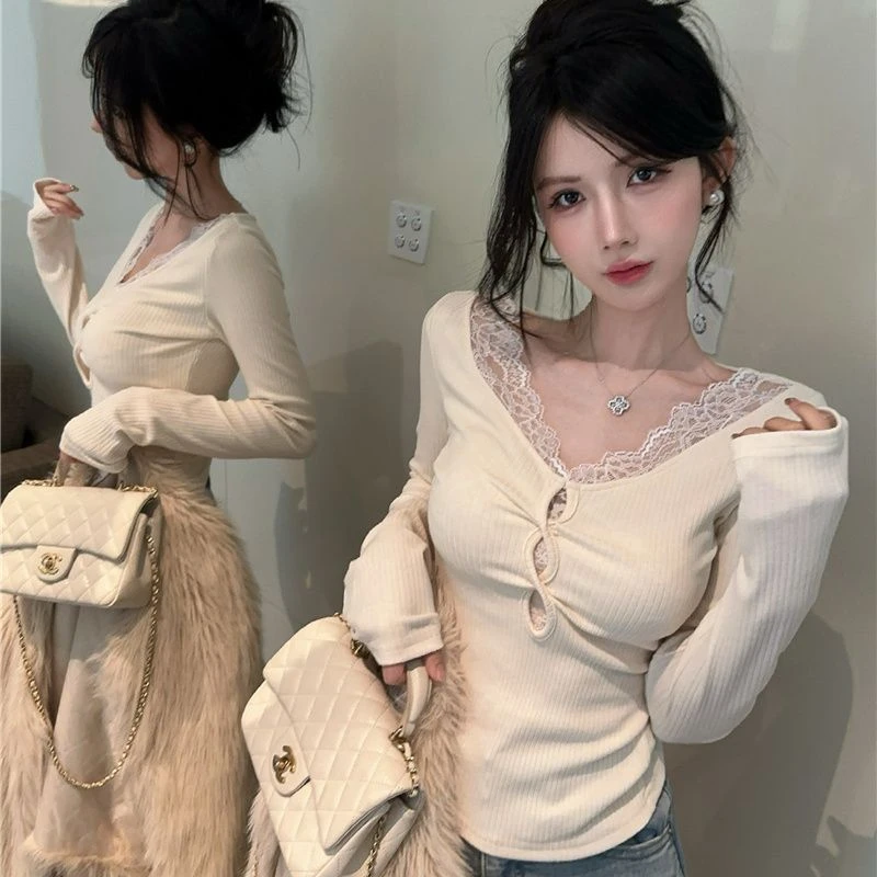 【3×1螺纹德绒240克】辣妹纯欲蕾丝拼接镂空长袖T恤女早秋