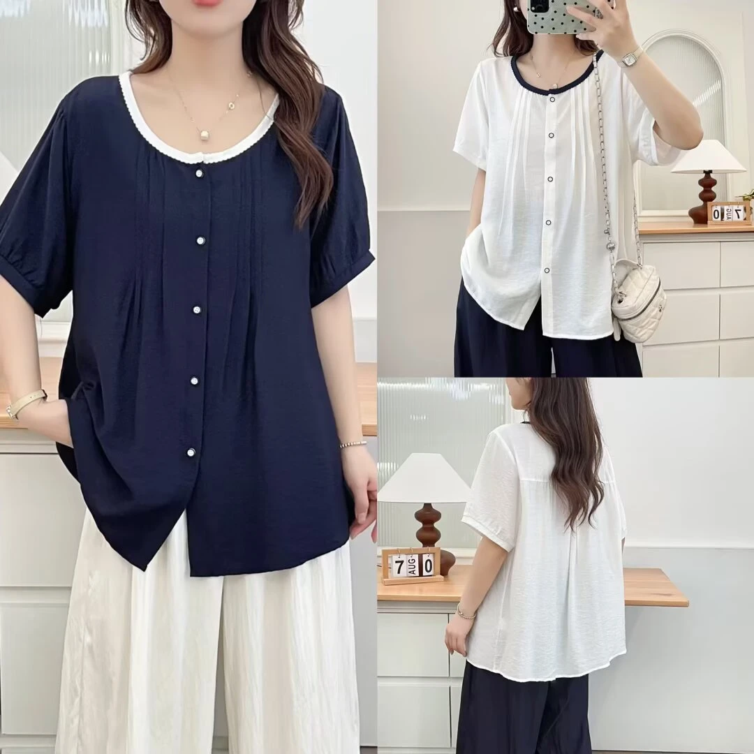 大码胖mm文艺减龄压褶拼色显瘦衬衫女夏季新款百搭遮肚休闲小衫