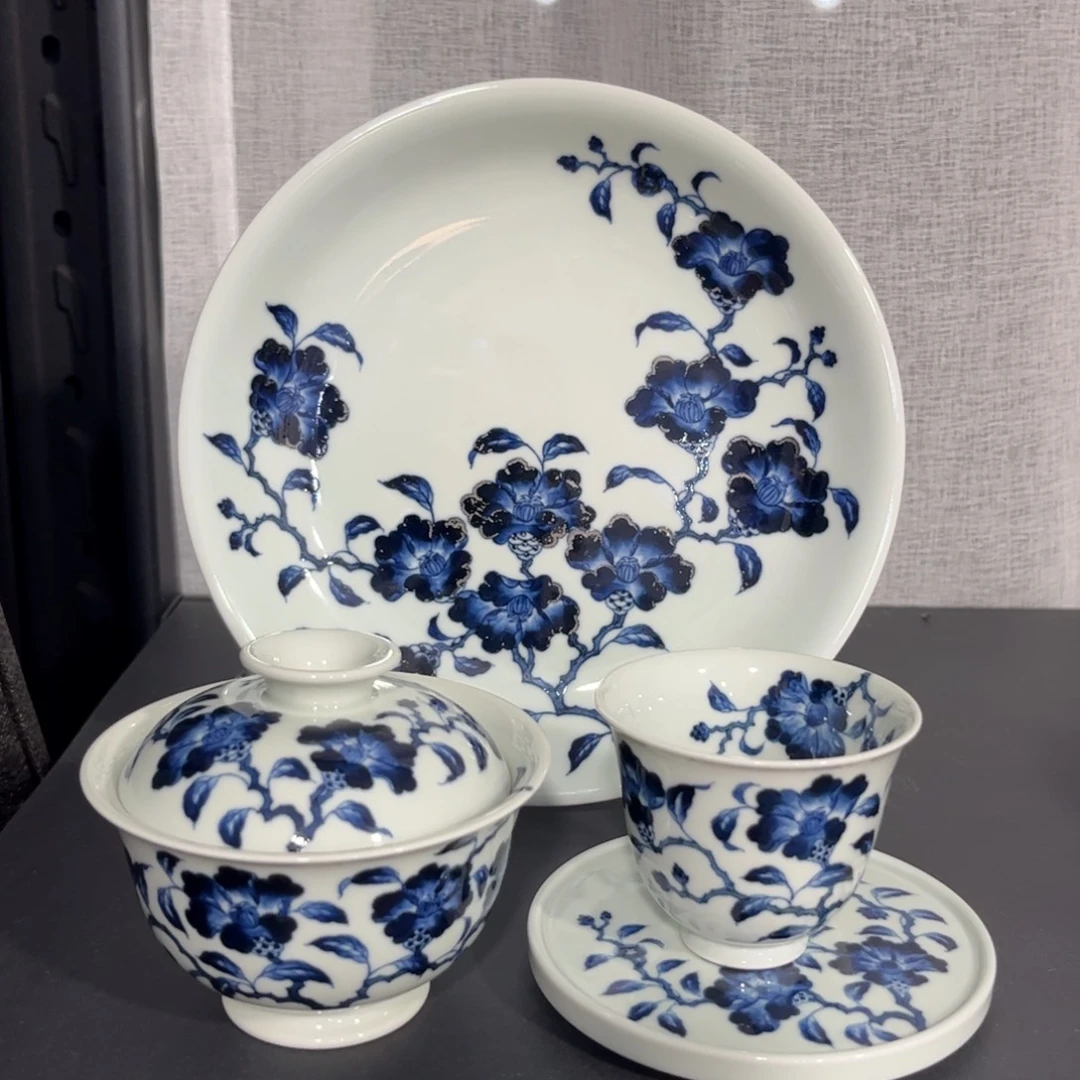 仿明青花山茶花四件套 可拆分