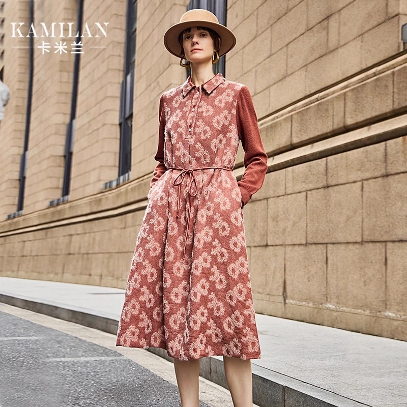 卡米兰别致独特衬衫款羊毛针织连衣裙女2025秋冬新款系带中长裙