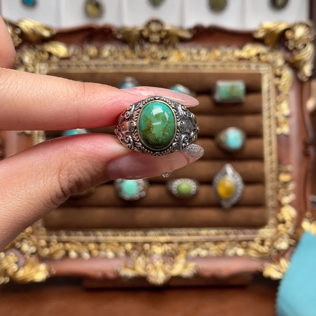 在***边绿松石银S925镶嵌戒指