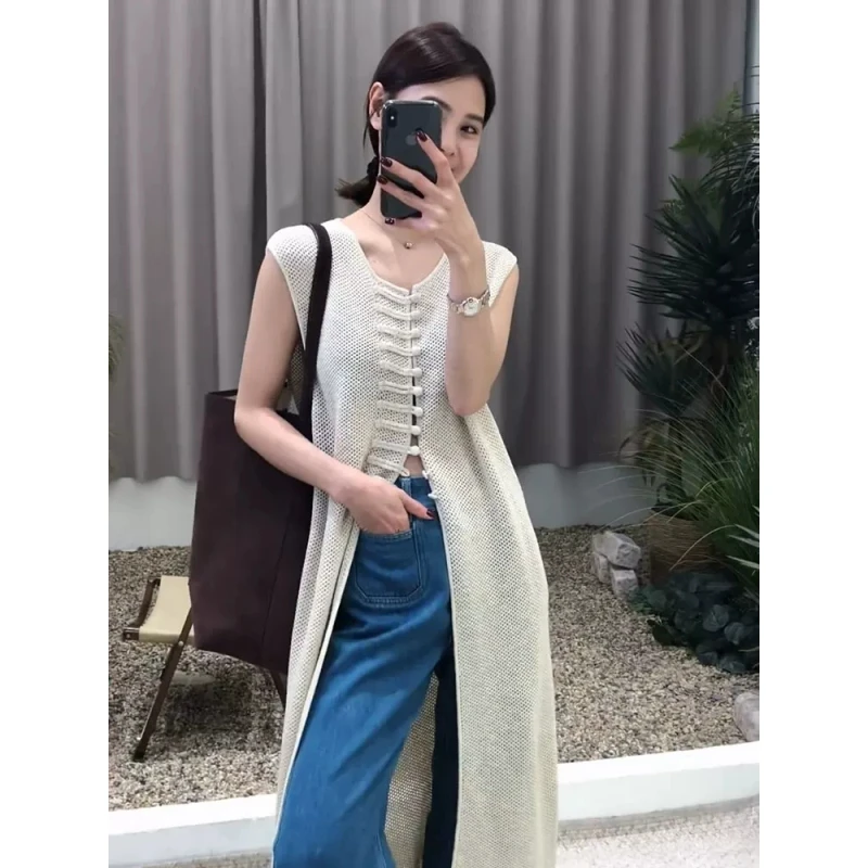 新中式复古开叉盘扣无袖针织长裙女夏季设计感小众洋气减龄背心裙
