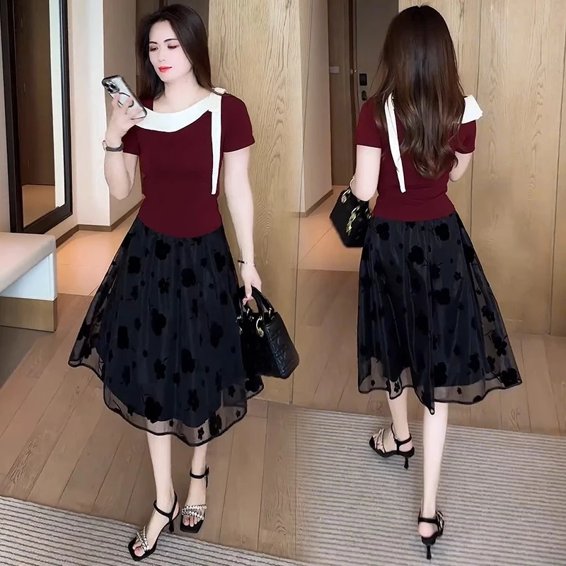 时尚套装女2025夏季新款洋气显瘦短袖T恤半身裙减龄气质两件套潮