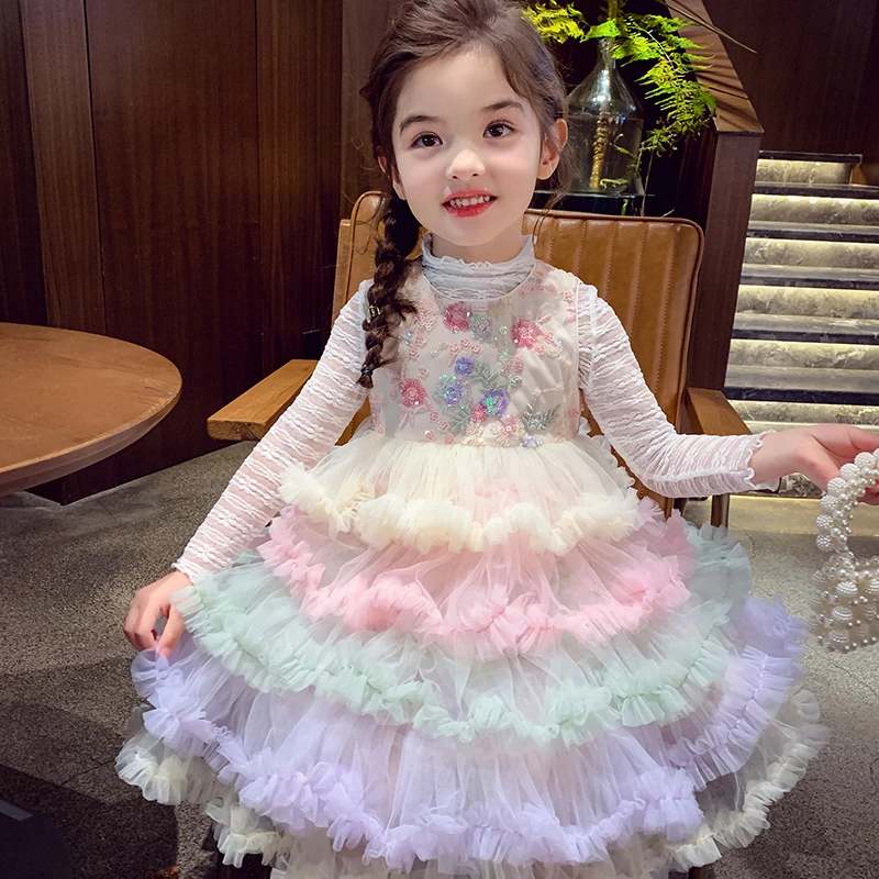 【现货】米米哈罗女童梦幻彩虹网纱蛋糕公主裙背心裙连衣裙 C25065