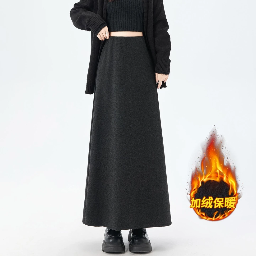 冬款加厚加绒显瘦高腰收腰弹力松紧极简小A版加长毛呢半身裙黑色