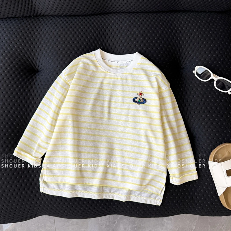 【小首尔】【柠檬不檬】Q现货-男女童夏季韩版条纹刺绣长袖T恤HBB7363