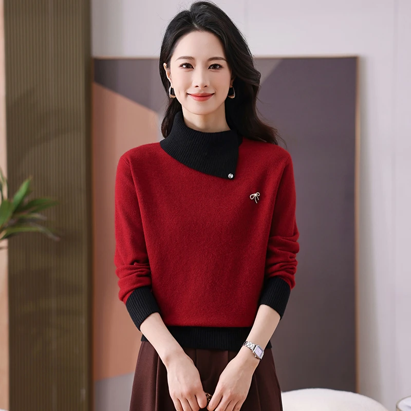 允山黛半高领斜领保暖洋气针织衫女时尚宽松长袖针织毛衣厚款百搭