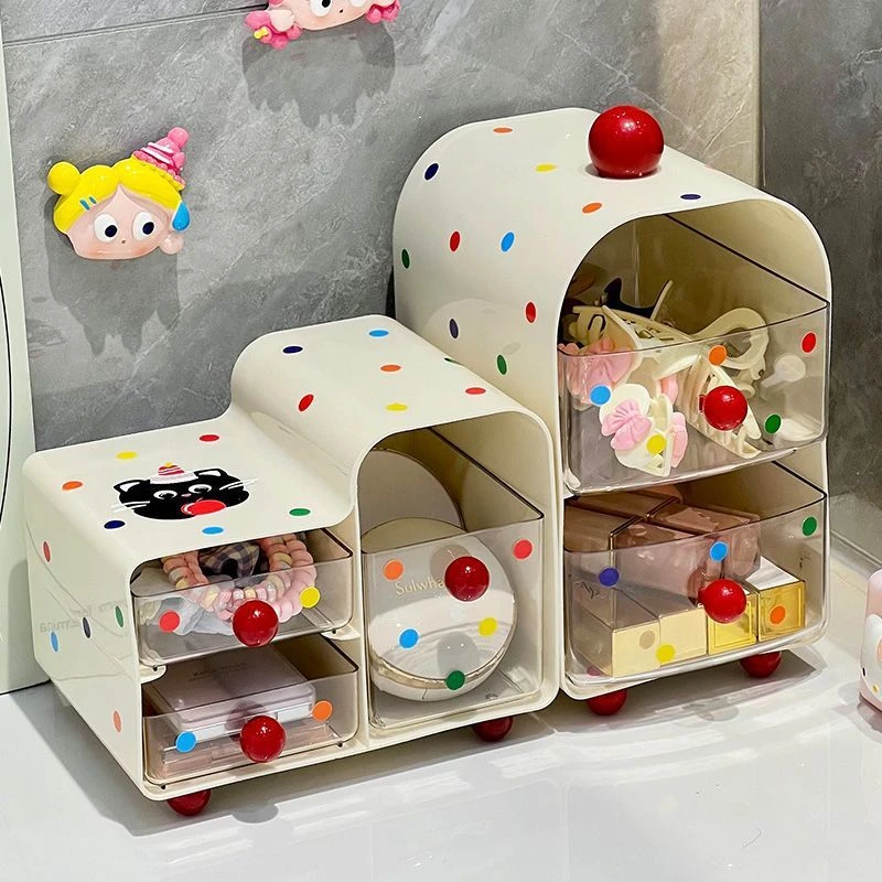 波点多巴胺收纳盒桌面杂物办公室化妆品收纳盒抽屉式置物架多层盒