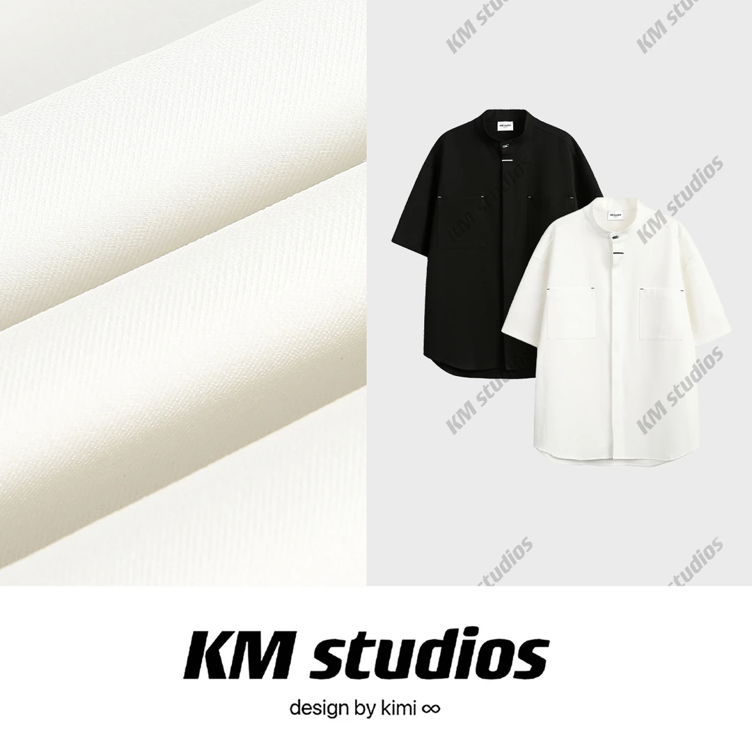 KM studios 中式圆领钉扣乐丽丝衬衫280克新品短袖夏季刺绣男女