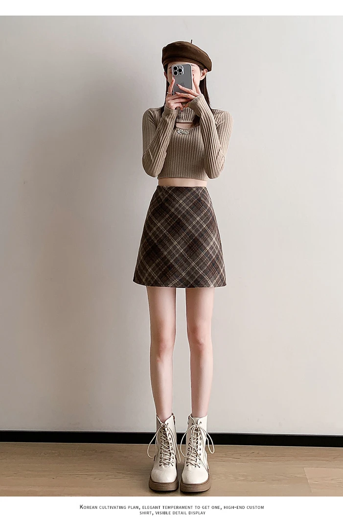 毛呢A字短裙秋冬半身格子短裙女新款高腰a字秋冬半身短裙包臀裙