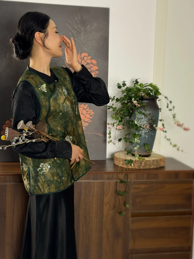 【墨翠】复古文艺风提花印染马夹马甲斜襟宽松唐装日常