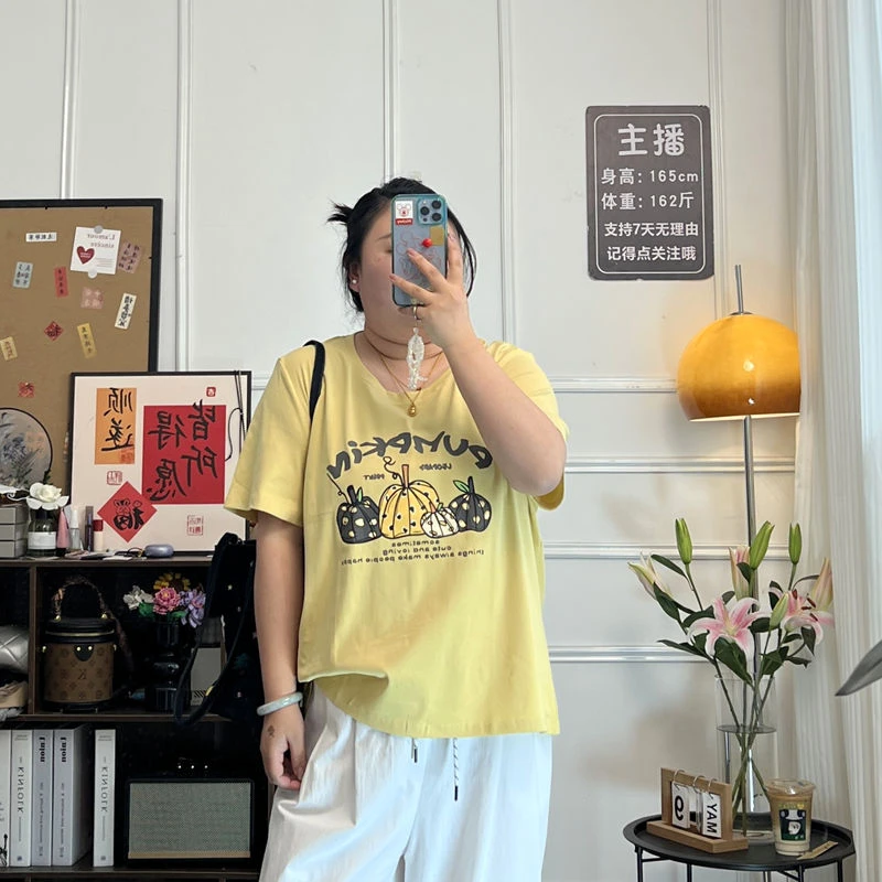 YZJ【甜心冰糖】夏季大码圆领趣味南瓜印花棉质宽松显瘦短袖T恤上衣