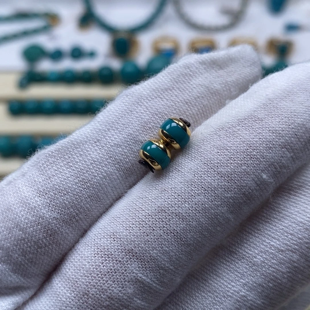 绿松石18K金镶嵌珠宝奇石汉堡对珠5.7mm