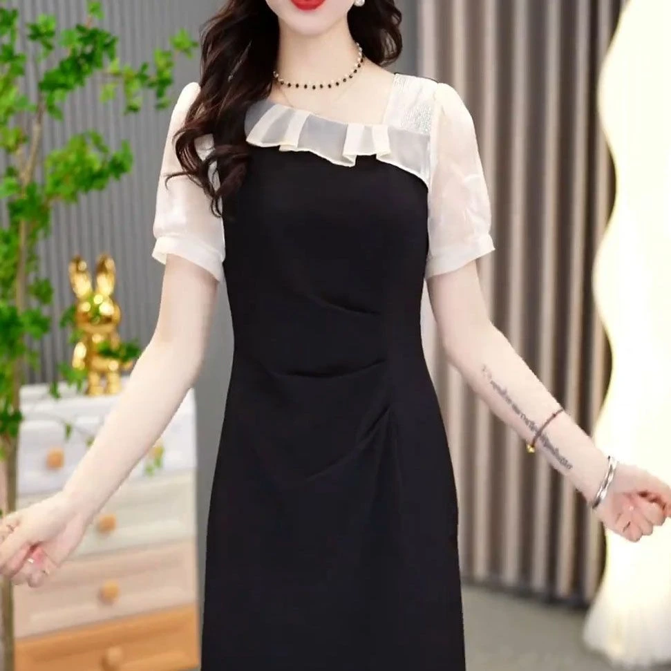 韩版收腰显瘦修身百搭连衣裙女2025年夏季新款气质碎花拼接黑裙子