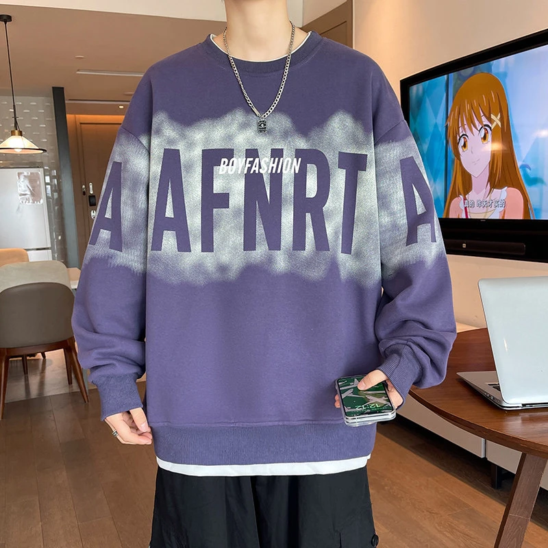 假两件卫衣男士春季潮青少年宽松百搭圆领套头学生时尚T恤男上衣