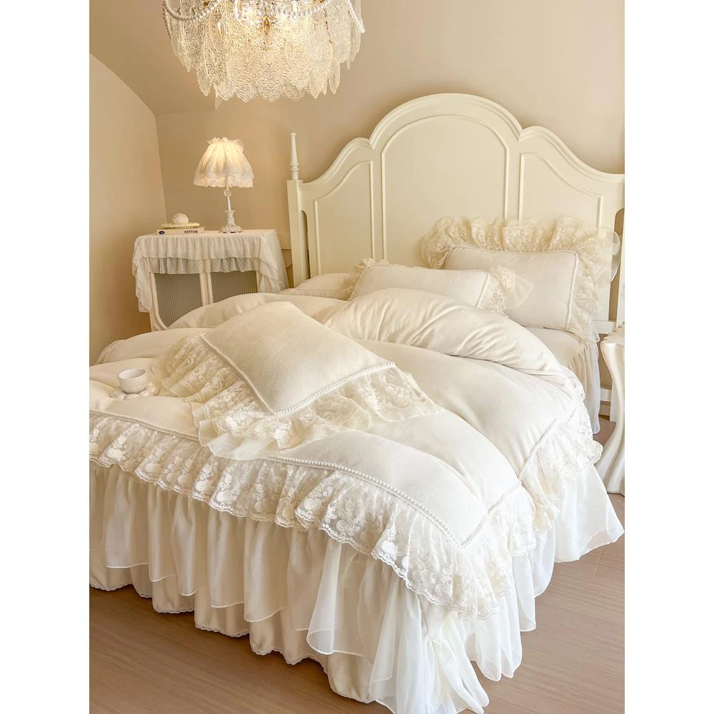 法式仙气冬季加厚牛奶绒四件套公主风珊瑚毛绒蕾丝边被套床裙床品