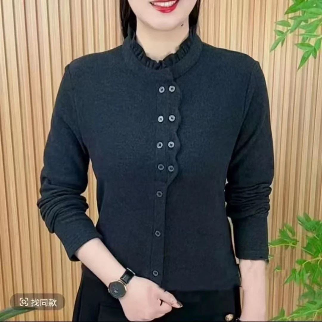 2025秋冬双面绒长袖木耳边荷叶领时尚百搭显瘦内搭洋气打底衫