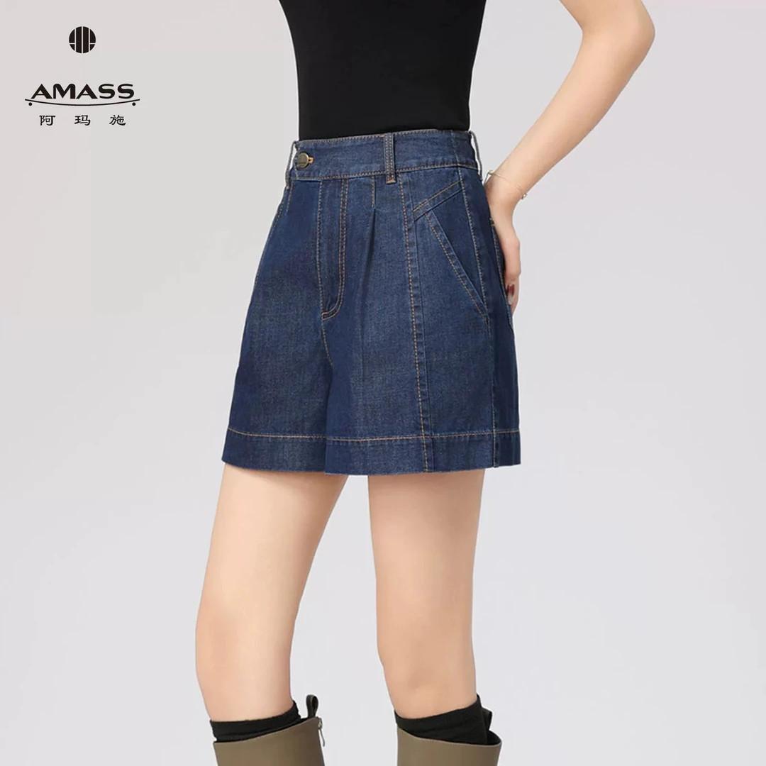 AMASS/阿玛施时尚复古阔腿裤高腰显瘦牛仔短裤510003