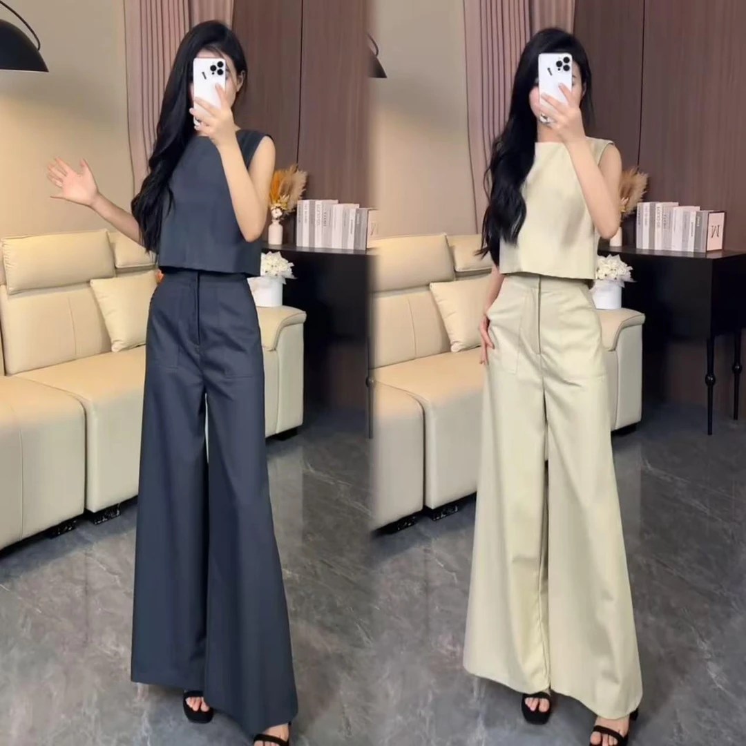极简风时尚西装套装今年夏季新款无袖马甲 高腰显瘦阔腿裤两件套