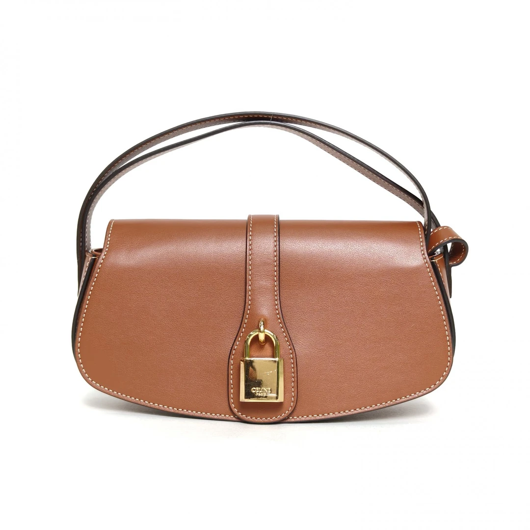 99新 Celine/思琳 花花TABOU 锁头 法棍包 金棕色 光面皮革C