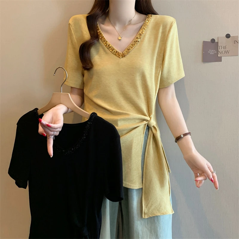 大码新款时尚设计感V领烫钻短袖T恤修身显瘦不规则上衣