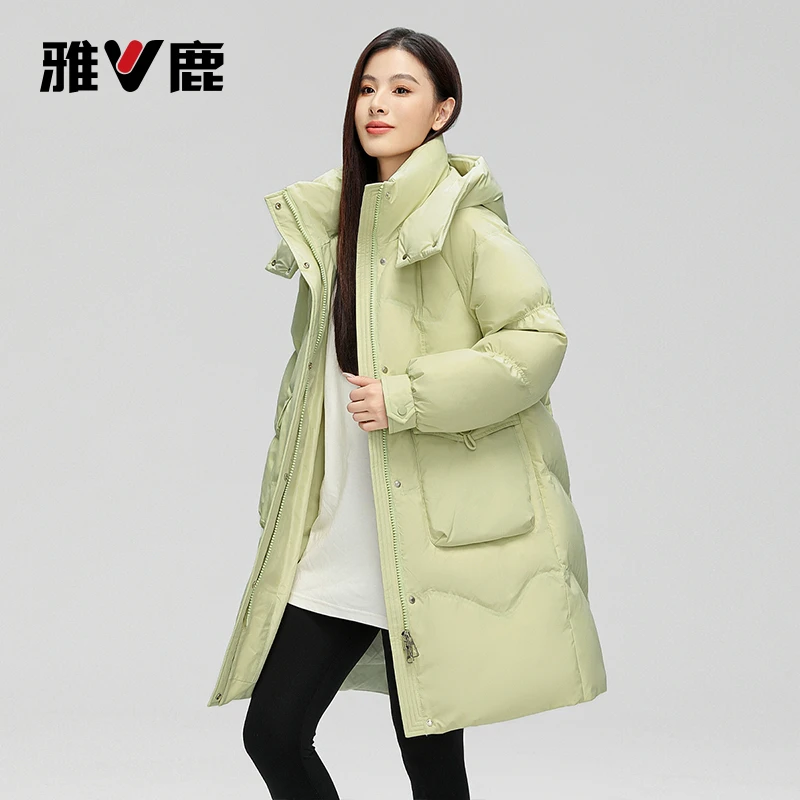 雅鹿2025新款羽绒服女中长款连帽宽松显瘦时尚加厚保暖冬季外套