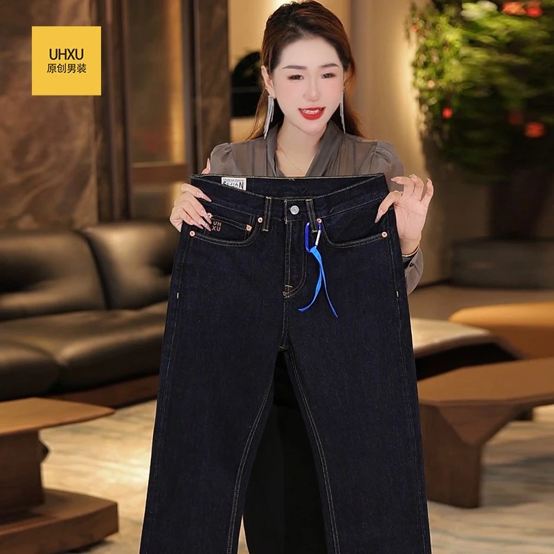 新款轻奢高端深蓝牛仔裤男欧美潮牌时尚显瘦修身直筒长裤nx180