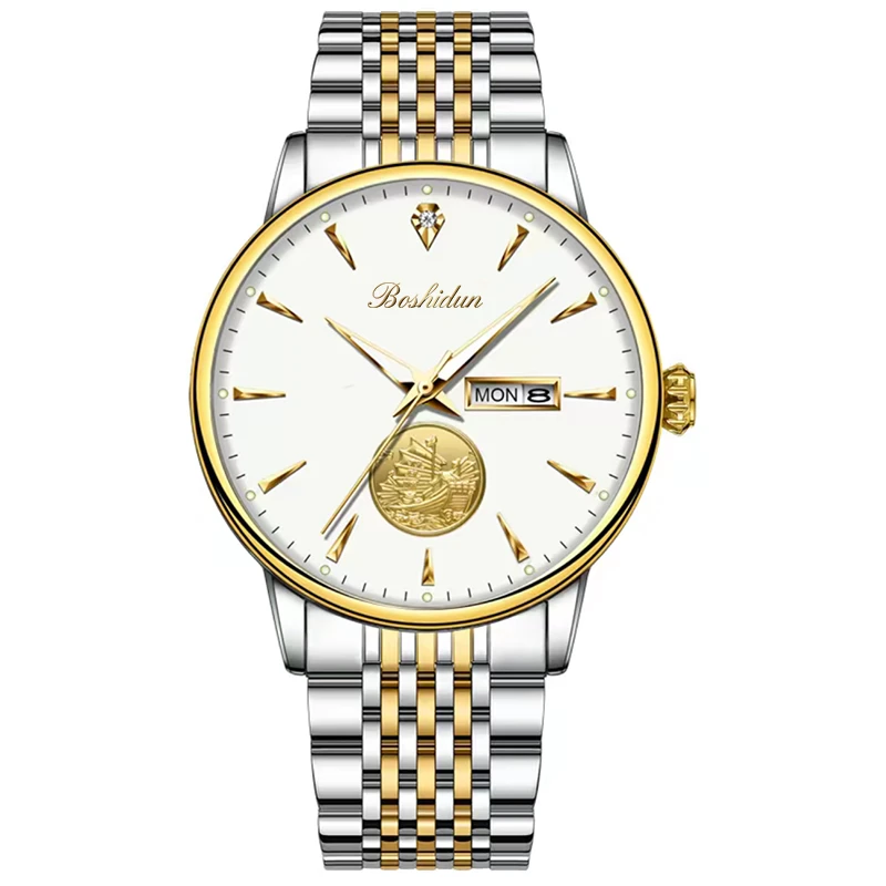 新款商务一帆风顺白面双日历夜光防水男表时尚9115G专属手表腕表