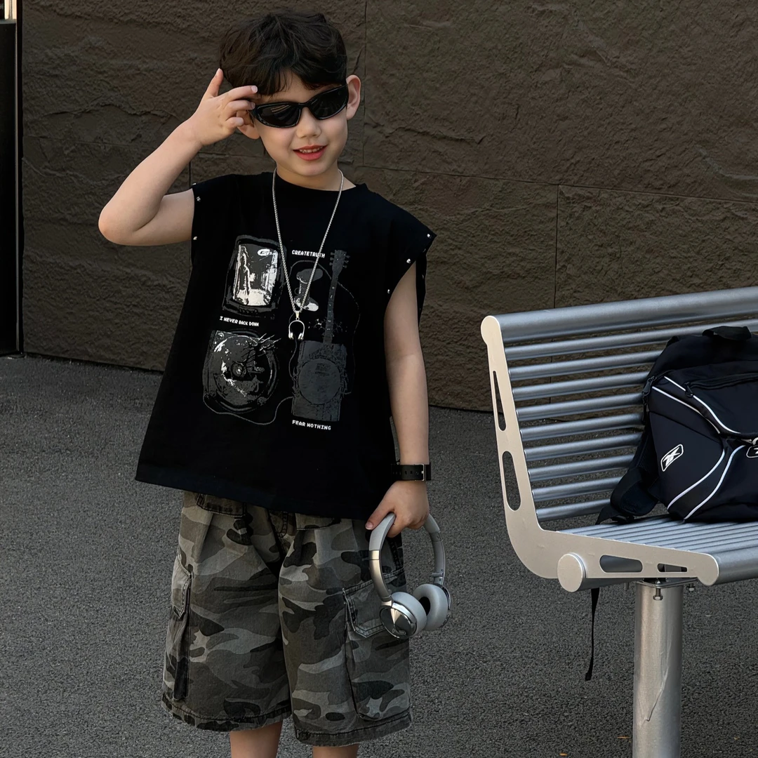 A.MU2025清仓【摇滚乐对】金属风铆钉无袖T恤纯棉重磅男童背心坎肩