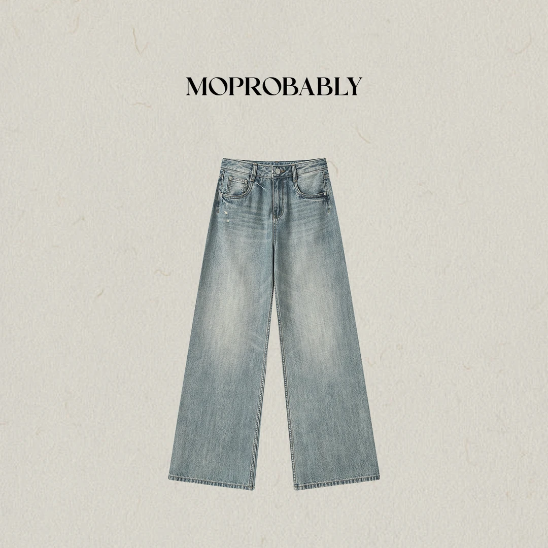 Moprobably李予诺「砂痕」时尚水洗做旧百搭直筒牛仔裤L5373033