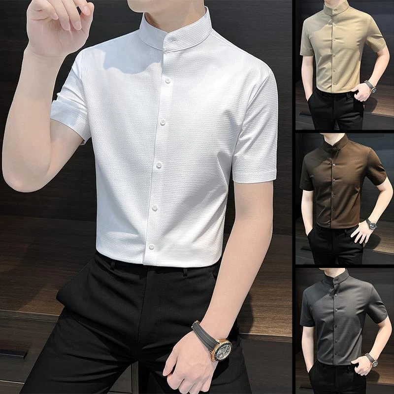 男士衬衫短袖夏季冰丝华夫格新中式立领痞帅修身衬衣2025年新款男