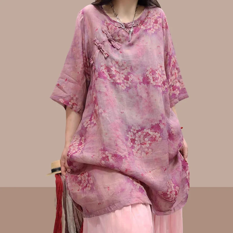 2025年夏季时尚新款印花斜襟盘扣国风衬衫裙通勤显瘦百搭套头上衣