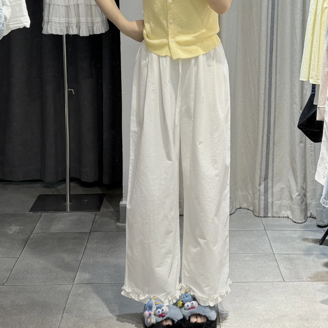 「花边」纯白色阔腿裤女2025夏季薄款简约直筒松紧腰可爱少女小个子