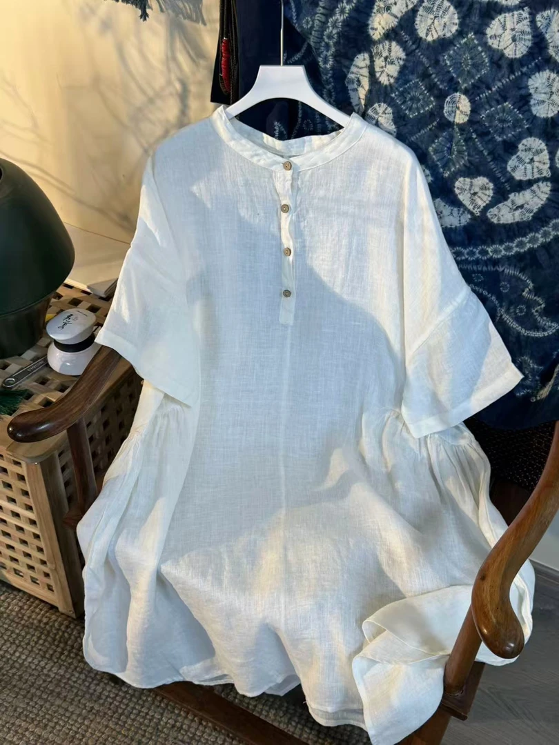 【云目悠悠】夏季新款纯色时尚女士长款短袖连衣裙-2025625