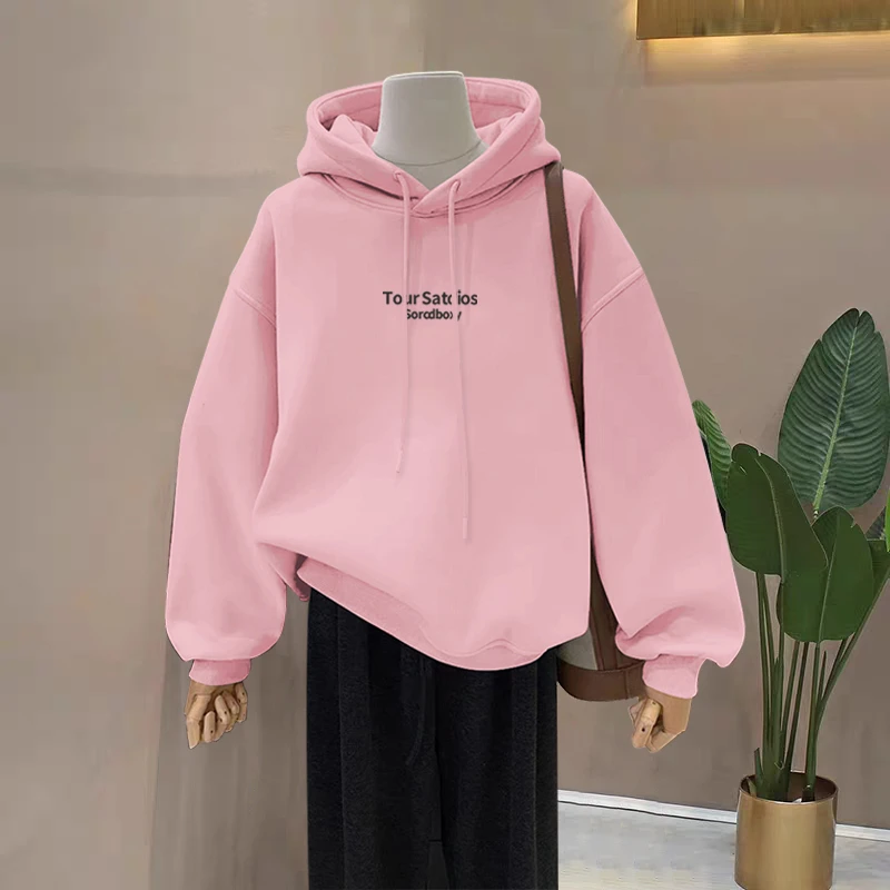简约字母印花连帽卫衣女2025秋冬爆款加绒加厚宽松中长款百搭上衣