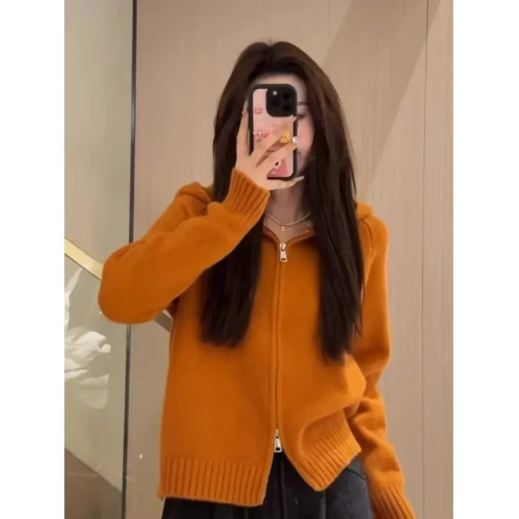 慵懒风双拉链连帽针织开衫女秋冬2025新款高级感宽松短款毛衣外套