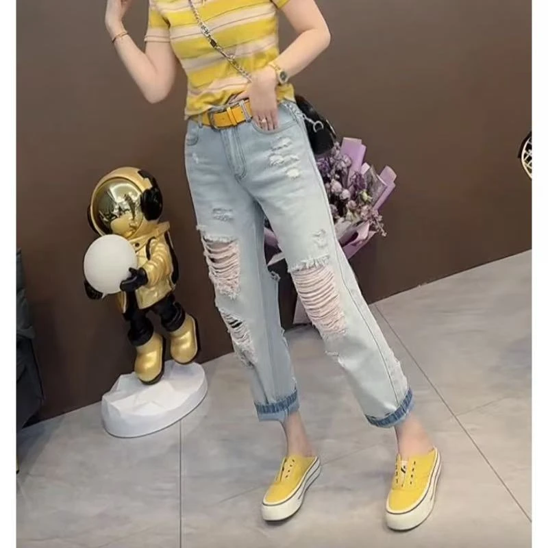 时尚新款宽松直筒破洞牛仔裤女夏季薄款小个子高腰显瘦九分哈伦裤