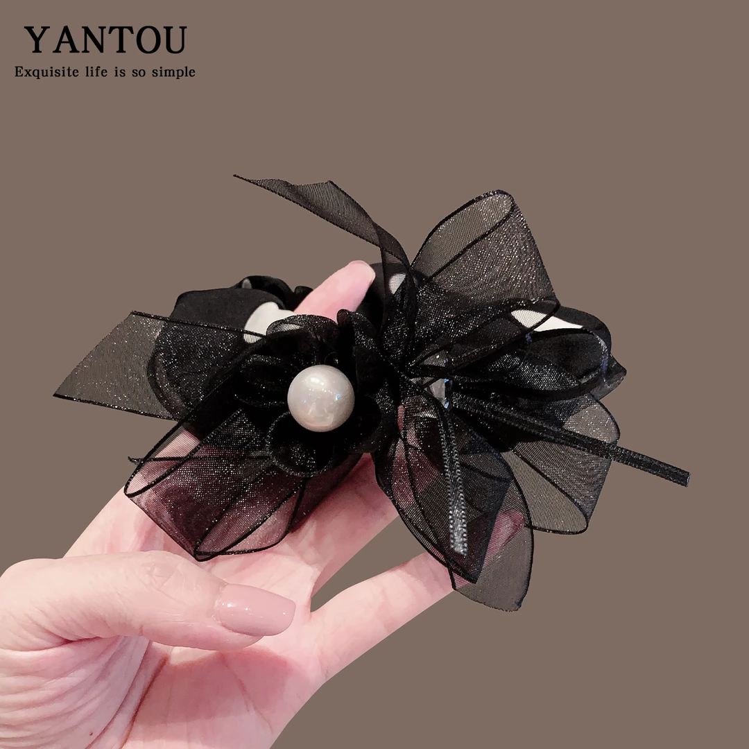 法式高级感网纱蝴蝶结发圈女双层大肠百搭珍珠花朵小肠圈发绳发饰