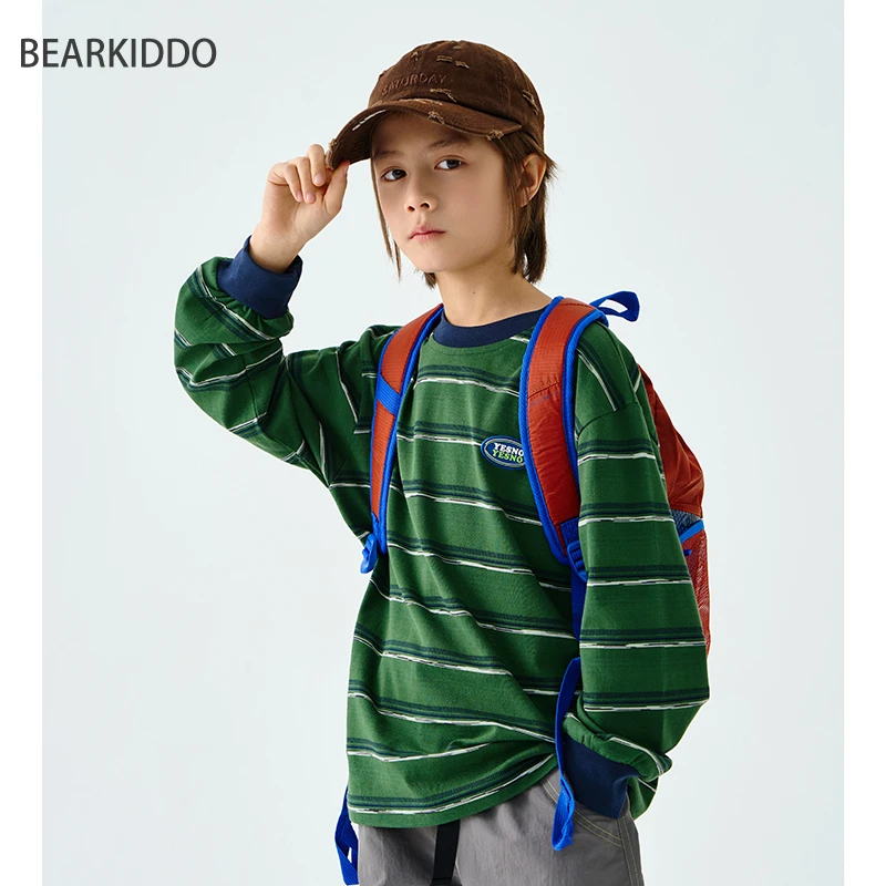 BearKiddo日系男童条纹T恤20025春秋季新款柔软上衣儿童打底衫潮